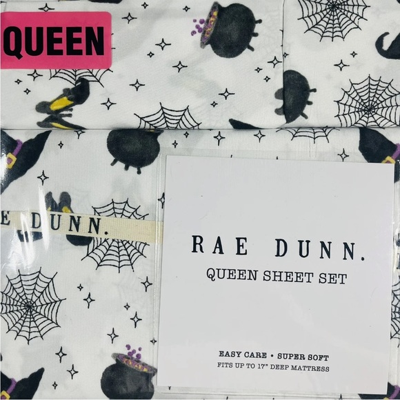 Rae Dunn Halloween QUEEN SIZE SHEET SET Witches Kettle Hat Spider Webs Shoes NEW - Picture 2 of 4